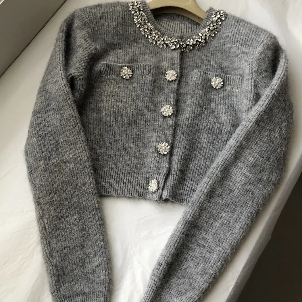 Self Portrait Grey Fluffy Crystal Trim Cardigan - Picture 6 of 13